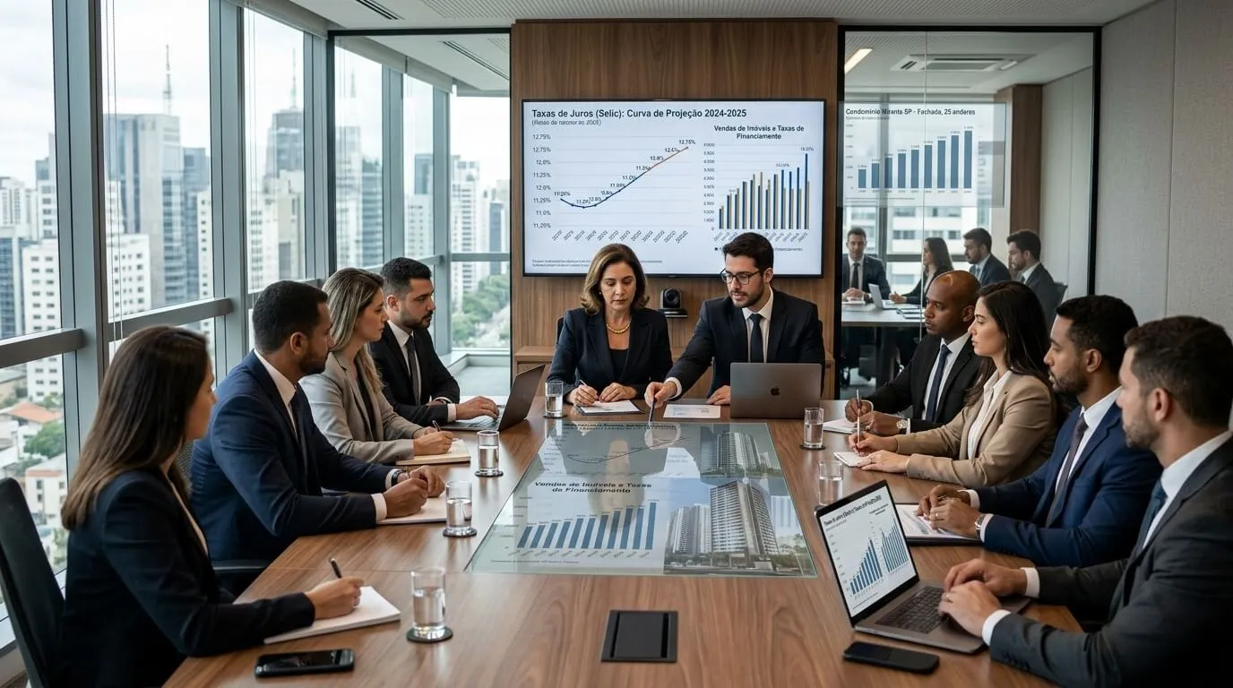 Reunião de executivos financeiros analisando gráficos de juros do crédito imobiliário em uma mesa de conferência moderna.