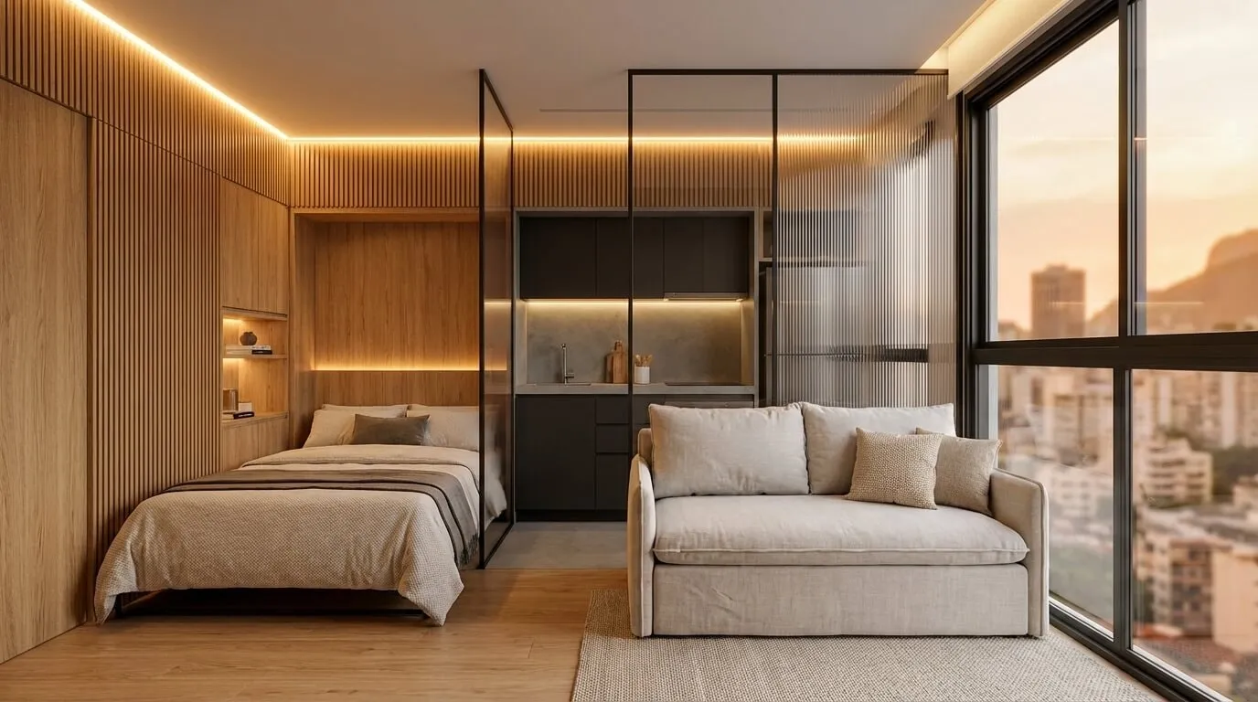 Interior de apartamento studio moderno e compacto com vista urbana em alta resolução.